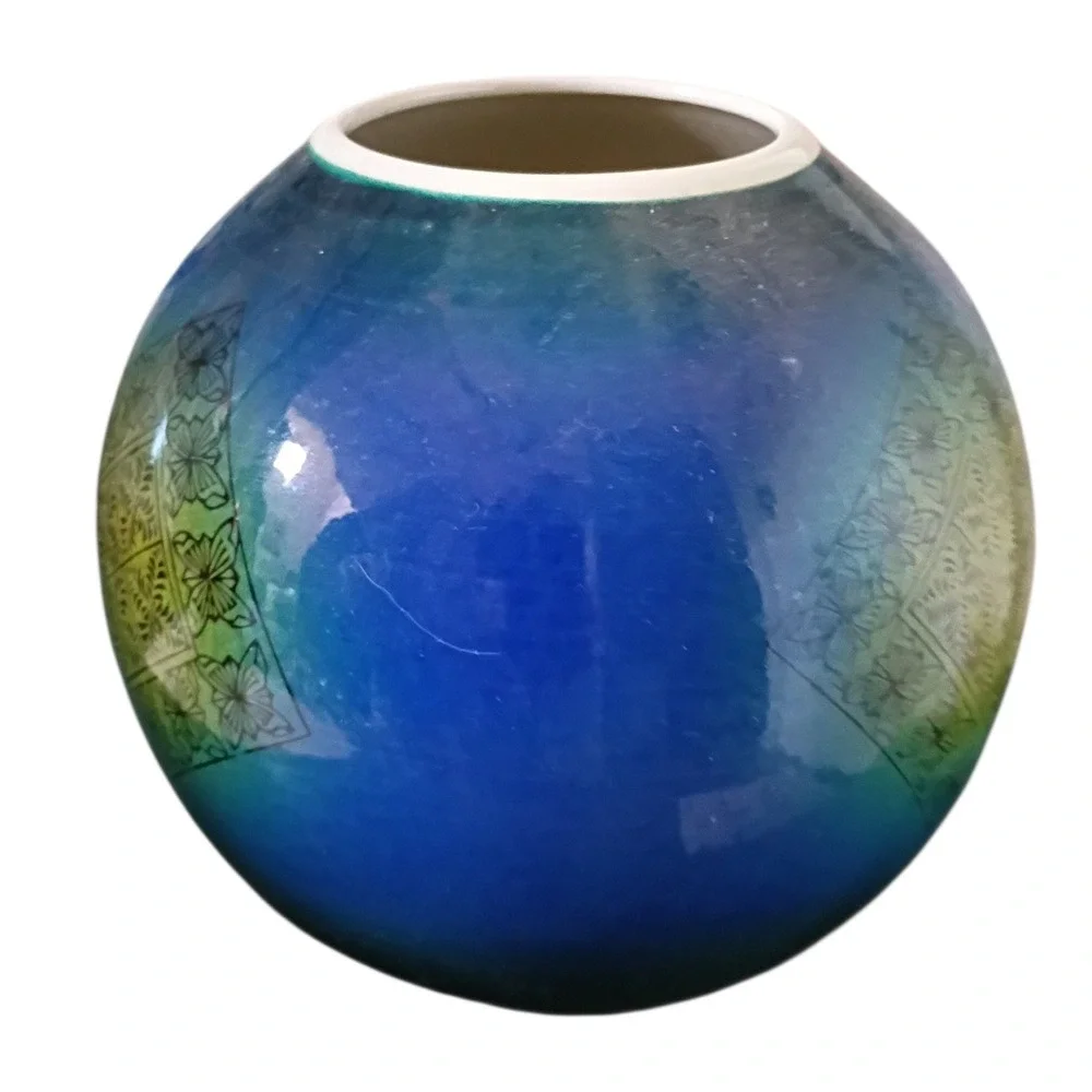 Vintage‎ Japanese Art Pottery Vase Blue Green Floral Medallion Signed Japan